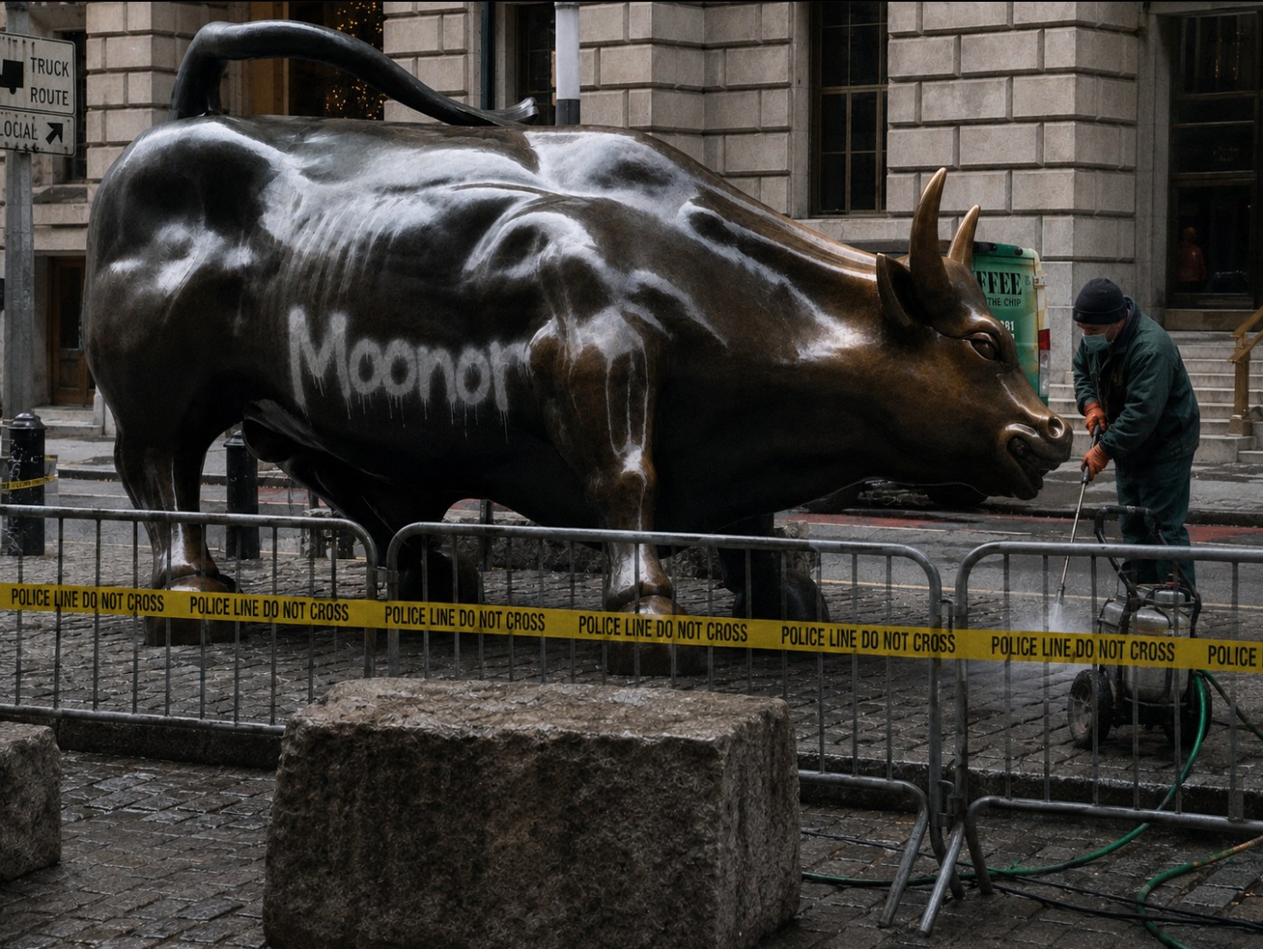 Charging Bull Defaced with “Moonor”—Graffiti Sparks Crypto-Fueled Buzz on Wall Street